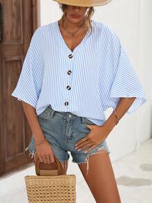 SHEIN LUNE Striped Batwing Sleeve Button Front Blouse - Blue and White - View 4