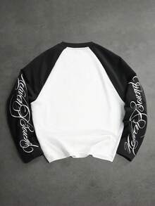 SLATEMANN Camiseta de hombre con bloques de color, patchwork y estampado de letras - Blanco y Negro - Ver 2