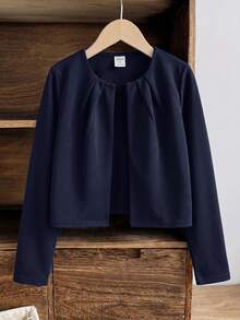SHEIN 兒童青少年女孩休閒日常百搭純色百褶圓領前開扣短版七分袖秋季外套，返校季 - 藍色 - 查看 4