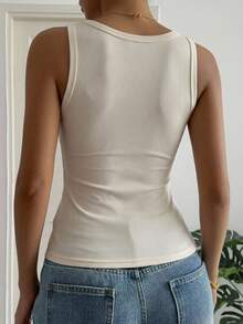 DAZY Square Neck Wide Strap Fitted Beige Ribbed Knit Tank Top With Built-In Padding For Women - White - View 3