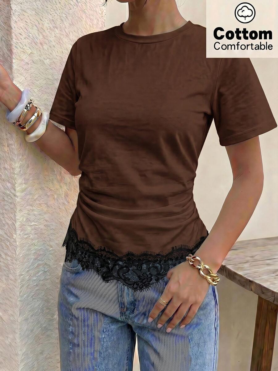Modelyn 女款春夏白色針織短袖白色蕾絲飾邊收腰抓皺通勤休閒T恤 - 棕色 - 查看 1