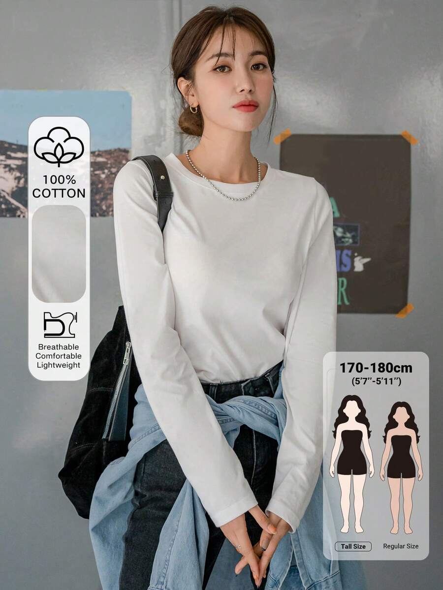 Dazy Tall 女款圓領長袖寬鬆版型基礎層內搭T恤 - 白色 - 查看 1