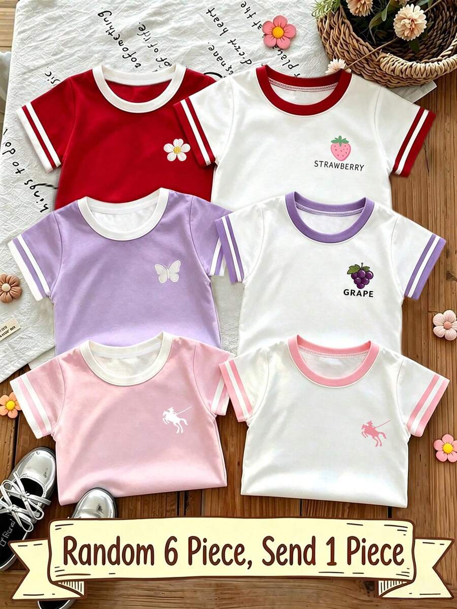 春夏秋冬休閒時尚女童簡約風仿刺繡草莓、蝴蝶結、花朵、馬騎印花短袖T恤 美式可愛甜美印花設計 多件套個性百搭女童幼兒T恤 適合4Y-7Y女孩四季穿著 盲盒6款隨機發貨 - 白色 - 查看 1