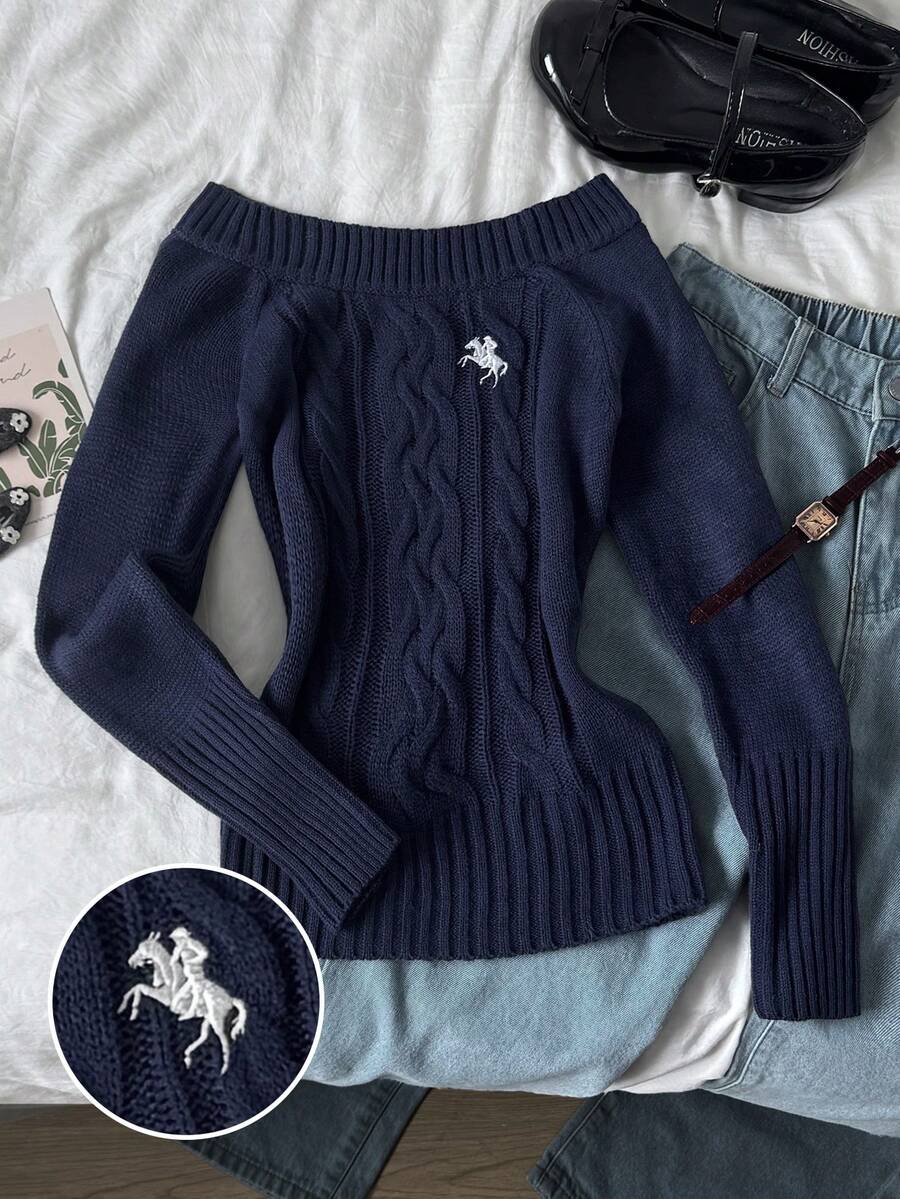 SHEIN Teen Girl Teen Girl Autumn/Winter Embroidered Twisted Crew Neck Long Sleeve Pullover Sweater, Navy Blue - Royal Blue - View 1