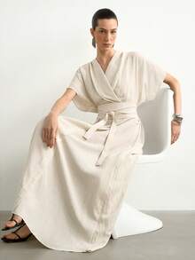 Aalyst Women's Spring/Summer French Style Elegant Luxury Minimalist High-End Design Casual Bohemian Vacation Commute Comfortable Solid Color Linen Blend Fabric Cross Neck V-Neck Dropped Shoulder Cap Sleeve Waist Tie Belt Cinched Waist A-Line Long Dress With Pockets - Apricot - View 6