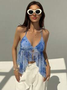 Aloruh New Summer Orange Floral Tropical Print Sexy Deep V Backless Crop Top, Suitable For Going Out, Beach, Vacation - Dusty Blue - View 3