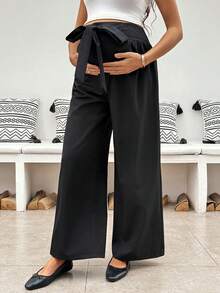 SHEIN Maternity Casual Versatile Solid Color Tie Waist Pants - Black - View 5