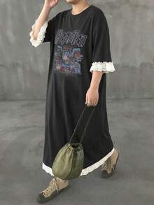 Dazy Plus Contrast Color Long Sleeve Contrast Lace Fabric Printed Loose Casual Long T-Shirt Dress For Girls Fall - Dark Grey - View 4