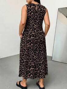 Shapeblank Plus Size Women's Leopard Print Round Neck Pocket Casual Sleeveless Dress - Multicolor - View 2