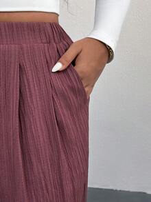 SHEIN Essnce 大尺碼女款春夏/秋冬時尚休閒寬鬆舒適日常百搭顯瘦紋理布料彈性腰紫色紅寬腿褲，女款下裝，寬鬆褲，粉色褲 - 中紫紅色 - 查看 7