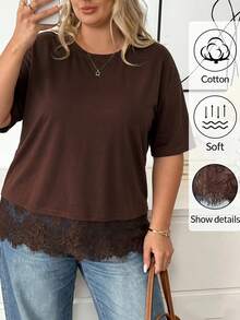 SHEIN CURVE+ Große Größen Damen Baumwollmischung T-Shirt mit elegantem Spitzensaum, kurzärmelig, Rundhalsausschnitt, Casual Top, bequemes schwarzes Baumwoll-T-Shirt mit Spitzenbesatz, modisches kurzärmeliges Rundhals-Oberteil mit schickem schwarzem Spitzensaum, Baumwollmischung Damen Casual Fit kurzärmeliges Alltagsshirt, Valentinstag Spitzenbesatz Top, Baumwoll-Oberteil, Casual Top, Casual Top Frühling, Damen Sommer, Neujahrsparty Top, Schwarzes Top - Braun - Übersicht 7