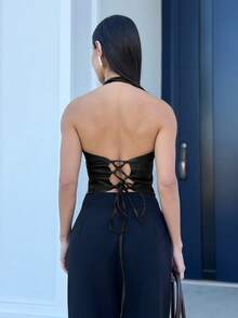 Yohana Edit Women's Solid Color Fashion Zipper Collar PU Leather Halter Top,Black Top,Sexy Top Casual - Black - View 2