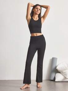 Ocili Women's Solid Color Minimalist Round Neck Tank Top And Pleated Long Pants Pajama Set - Black - View 1