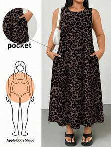 Shapeblank Plus Size Women's Leopard Print Round Neck Pocket Casual Sleeveless Dress - Multicolor - View 1