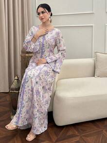 Yasmyna 女士优雅印花阿拉伯风格连衣裙 - 粉色 - 查看 5