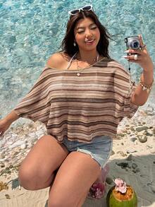 GalTyme 春夏波希米亞風彩色條紋不對稱領口露肩短袖卡其色大尺碼T恤 - 卡其色 - 查看 4