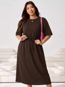 Solflare Brown Drawstring Waist Plus Size Dress Birthday Brunch Bussines Office Teacher Summer Casual - Chocolate Brown - View 4