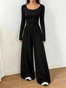 SHEIN Teen Girls Square Neck Casual Solid Color Jumpsuit, Casual Daily Wear, Knit, Autumn, Fitted, Wide, Fall - Black - View 9