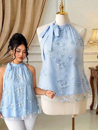 Rometta Plus Size Light Blue Floral Embroidered Halter Top, Elegant Party Blouse With Bow Collar And Mesh Hem, Sleeveless Shirt With Floral Embroidery And Mesh Patchwork, Flowy A-Line Tank Top, Women's Summer Party Wedding Bridesmaid Top