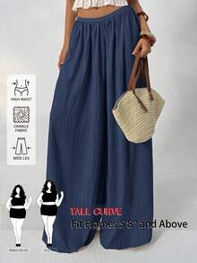 SHEIN Tall CURVE 大尺碼女款純色彈性腰休閒波希米亞風正式度假百搭日常長褲 海灘度假 海軍藍 秋季 - 藏蓝色 - 查看 1