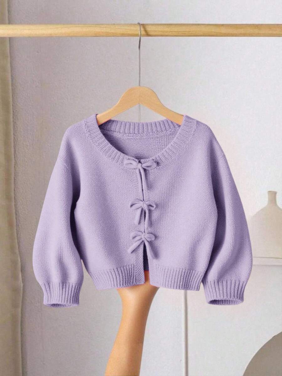 SHEIN LMoss Kids 女童紫色針織秋季毛衣,蝴蝶結裝飾,可愛休閒,柔軟舒適百搭,適合居家、派對、度假 - 紫色 - 查看 1