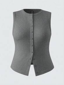 SHEIN BASICS 休閒純色針織修身大尺碼背心 - 深灰色 - 查看 1