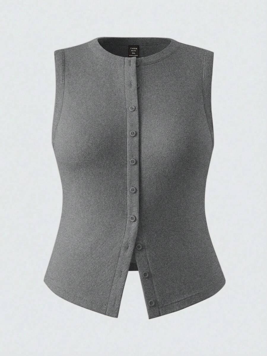 SHEIN BASICS 休閒純色針織修身大尺碼背心 - 深灰色 - 查看 1