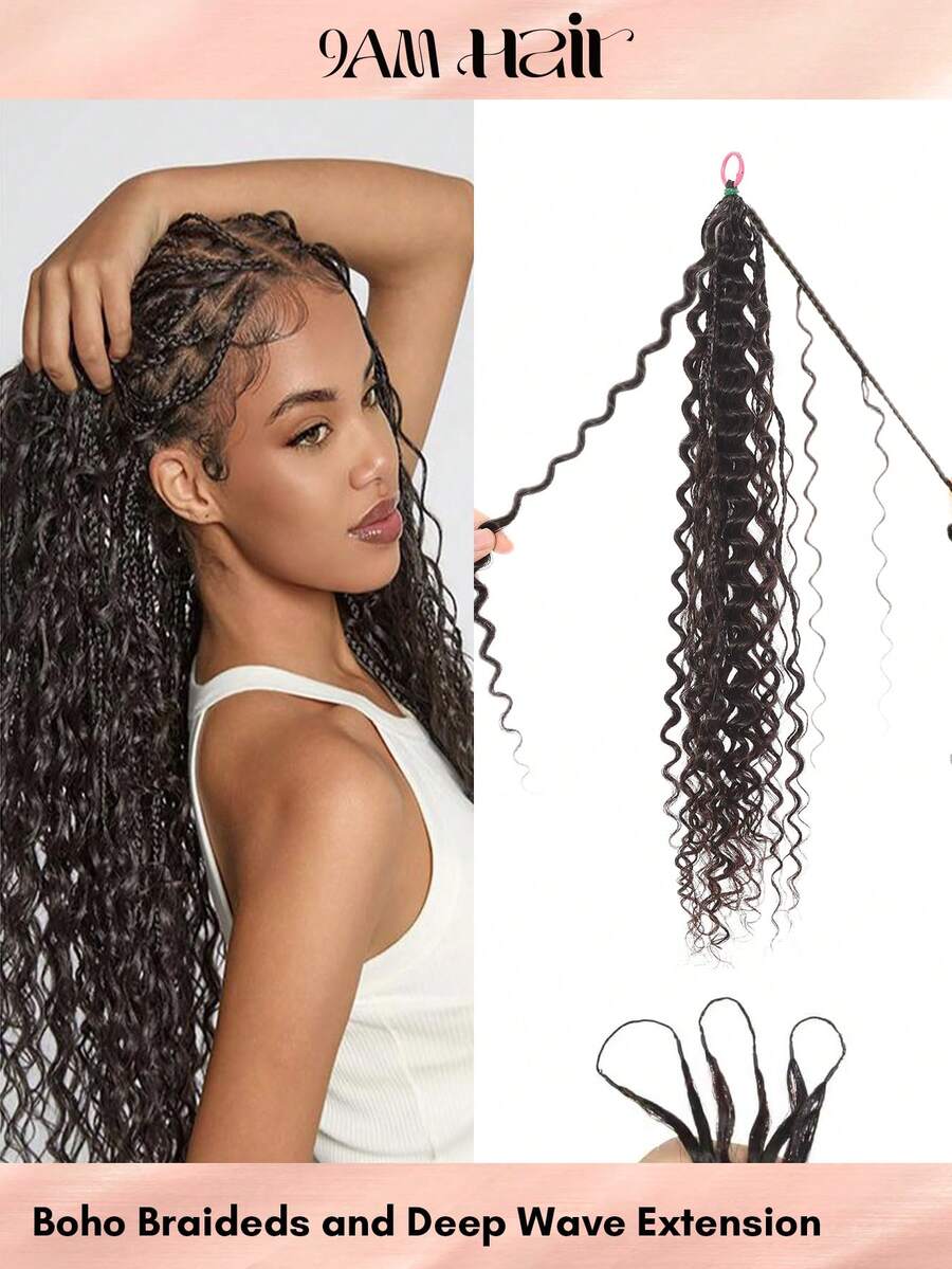 Boho Braids 波西米亞編髮羽毛與深波混編鉤針真人髮 水波紋真人髮接髮 預分好 Miracle Knots 手工髮束 波西米亞編髮假髮 鉤針髮 適合編髮 預套環 16-22英吋 自然黑 - Natural Black - 查看 1