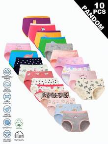 SHEIN 10条/套 女孩卡通动物、爱心、小马、草莓印花简约时尚三角内裤 - 彩色 - 查看 1
