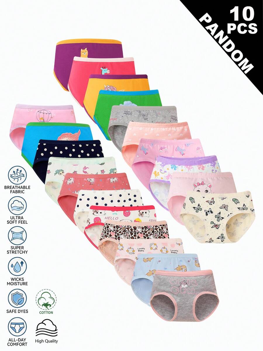 SHEIN 10条/套 女孩卡通动物、爱心、小马、草莓印花简约时尚三角内裤 - 彩色 - 查看 1