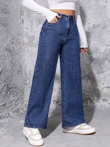 SHEIN PETITE High Waist Wide Leg Jeans ,Petite Women - Dark Wash - View 4