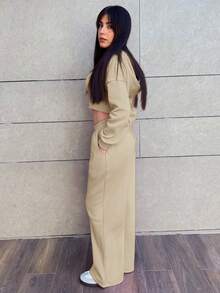 Hitanina 女款前拉鍊連帽外套與長褲兩件套優雅套裝 - 卡其色 - 查看 4
