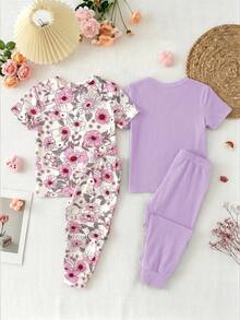 SHEIN 女童休閒簡約修身舒適圓領短袖長褲家居服套裝，4件組，適合春夏 - 彩色 - 查看 3