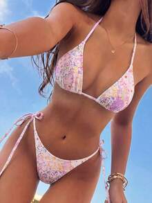 Swim Vcay 2026春夏白色底粉色與紫色花卉細肩帶掛脖綁帶側綁高衩綁繩比基尼丁字褲泳衣兩件套 女款度假用 - 彩色 - 查看 1