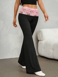 SHEIN PETITE Contrast Color Lace Patchwork Folded Waist Flare Pants - Black - View 4