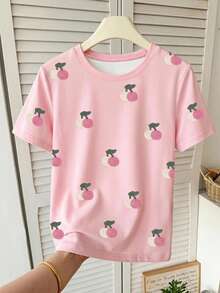 1件青少年女孩休閒舒適時尚甜美可愛仿刺繡櫻桃圖案粉色圓領短袖T恤，春夏適用，適合外出、度假、家庭、校園、運動與休閒，清爽夏季穿搭 - 彩色 - 查看 4