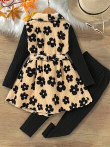 SHEIN Elladie kids Girls 3Pc Floral Plush Vest Jacket Set Winter Holiday Party Outfit Long Sleeve Top & Pants - Multicolor - View 2