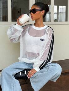 Muchica Women's Sheer Mesh Raglan-Sleeve T-Shirt Featuring A Center-Front Patch; Sexy Stylish Streetwear Y2k Brunch Black And White Striped Autumn - White - View 6