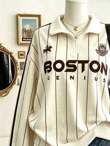 Lalippa 女款美式復古直條紋半拉鍊 Polo 運動衫，BOSTON 字母寬鬆版型翻領長袖上衣，BOSTON 復古學院風運動衫 - 彩色 - 查看 3