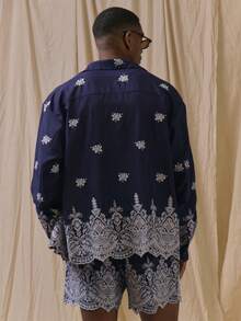 Musero Long Sleeve Drop Shoulder Boxy Fit Button Up Shirt Motif Design - Blue - View 5