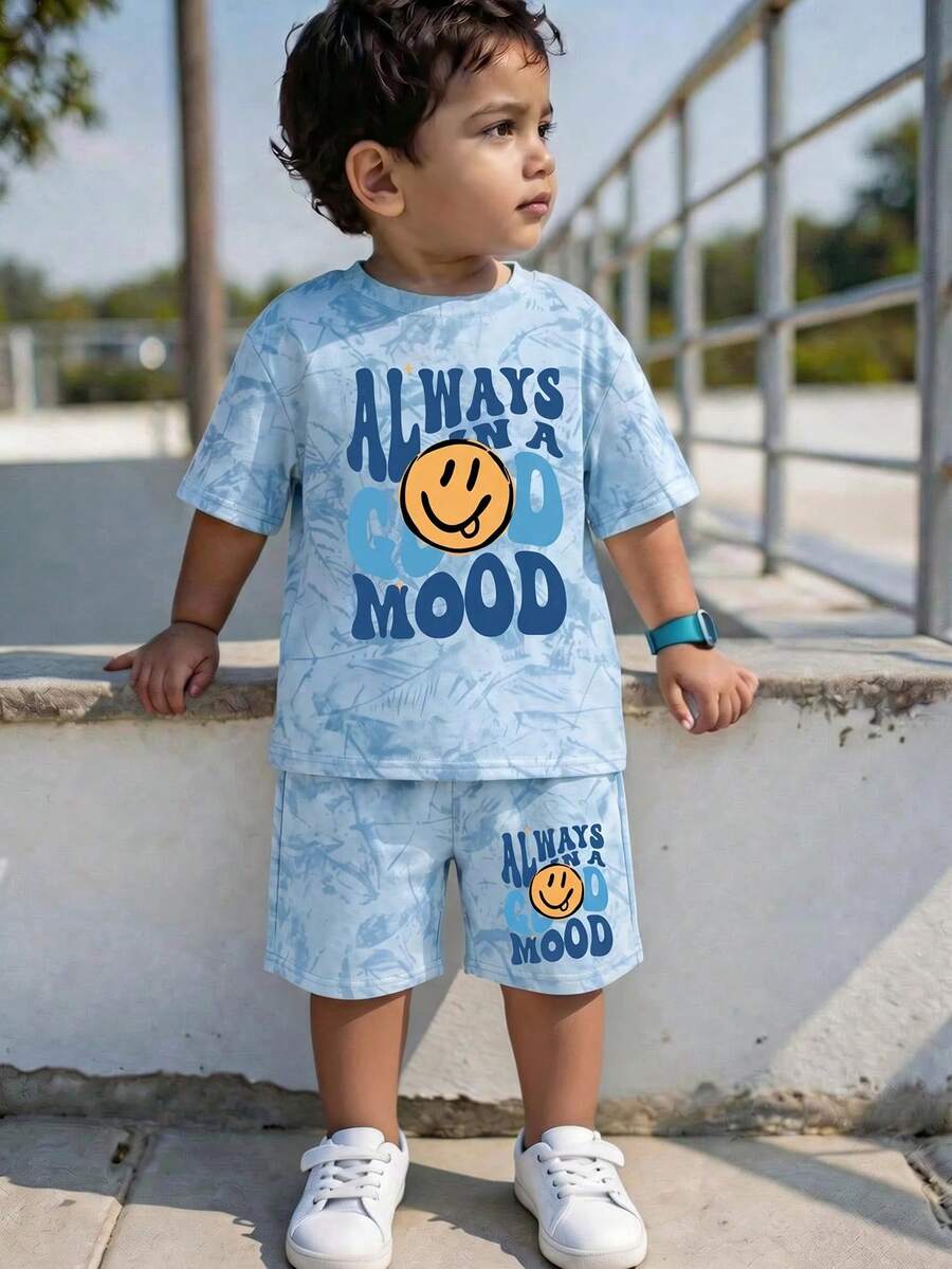 Young Boy Casual Minimalist T-Shirt Set, Classic Cool Handsome Pattern Print, Classic Bubble Letter Pattern Print, Classic Cute Face Pattern Print, Suitable For Spring And Summer - Multicolor - View 1