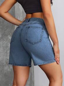 SHEIN Tall Y2K 中腰休閒水洗女款牛仔短褲，適合高個女性 - 深色水洗藍 - 查看 7