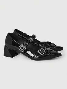 ROMWE Grunge Punk Elegant Pointed Toe Chunky Heel Lacquer Leather Pumps For Christmas Y2K 2000s Style - blue black - View 2
