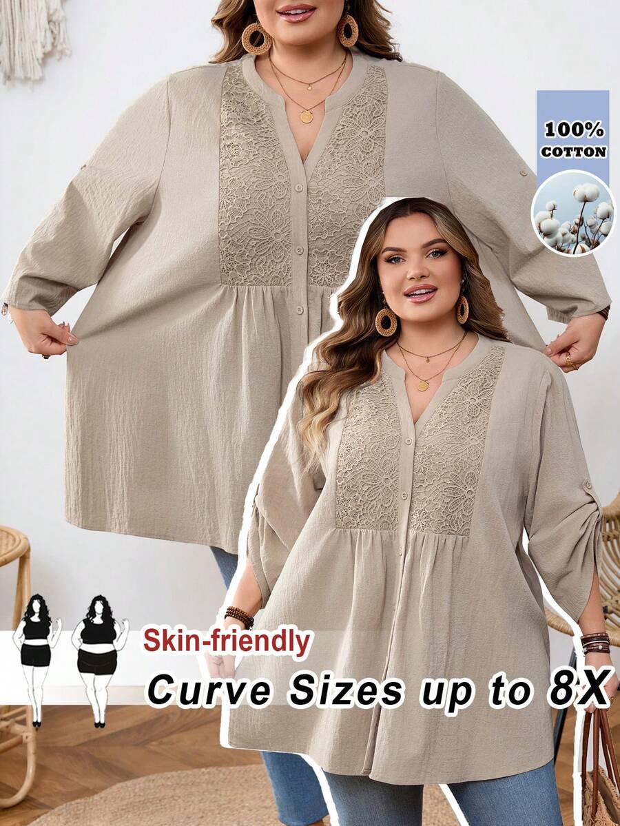 SHEIN CURVE+ Curve Size US22 Teachers' Day Seaside Dinner Bohemia Elegant Casual Solid Color Lace Patchwork Front Button Loose Blouse Autumn Office Beige