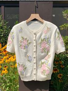 Comfortcana 女款花卉印花單排扣休閒百搭日常開襟衫，秋季返校外出穿搭上衣 - 彩色 - 查看 4