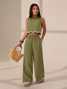 SHEIN PETITE 女款時尚橄欖綠波西米亞風度假休閒夏季蕾絲飾邊無袖上衣與寬腿褲兩件套，商務休閒穿搭，適合嬌小女性 - 軍綠色 - 查看 3