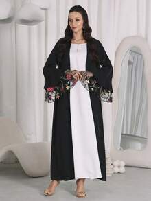 Al Najma 女士纯色长袖阿拉伯长袍，时尚设计，适合夏季，朴素长袍 - 黑色 - 查看 6