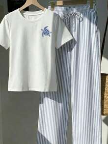 Veykashi Conjunto casual de 2 piezas para mujer talla grande con camiseta de manga corta con estampado de tortuga y pantalones largos a rayas - Multicolor - Ver 6