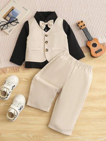 3-Piece Baby Boy Gentleman Suit: Black Long Sleeve Shirt With Bow Tie, Decorative Faux Pocket Vest And Pants, Elegant Party Wedding Outfit For Spring And Autumn, Size: 6 Months - 3 Years, Suitable For Weddings, Flower Boy, Birthday Parties, Christenings, First Birthday And Other Occasions, Baby Boy Shirt, Baby Boy Suit, Baby Boy Outfit.