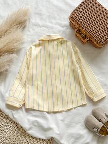 SHEIN Vintaside Kids 女童春夏黃色條紋領長袖襯衫，簡約俏皮，時尚百搭，適合日常穿著、外出或上學 - 黃色 - 查看 2